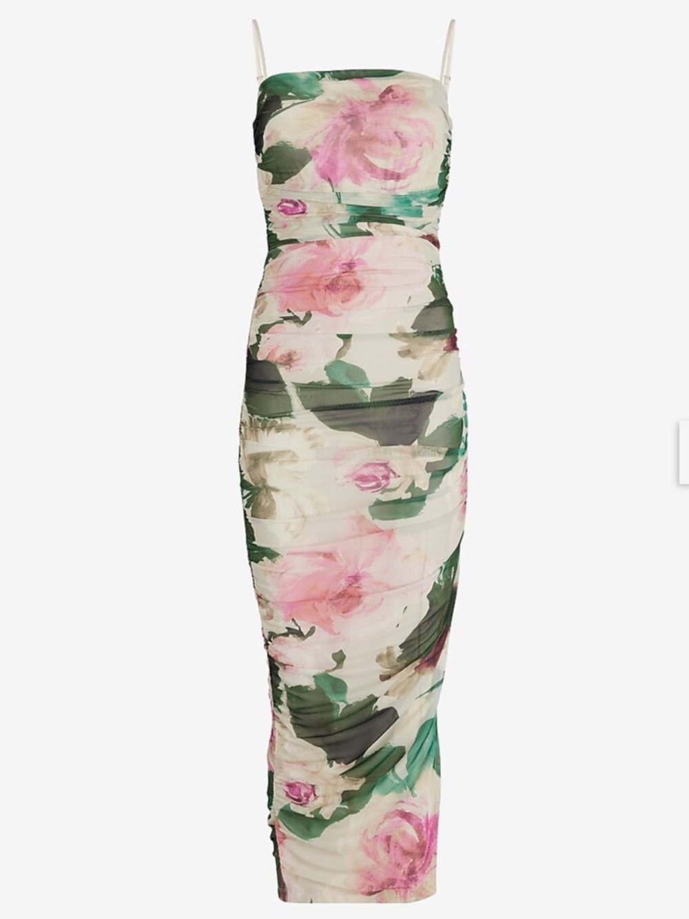Express Floral Mesh Square Neck Ruched Midi Dress